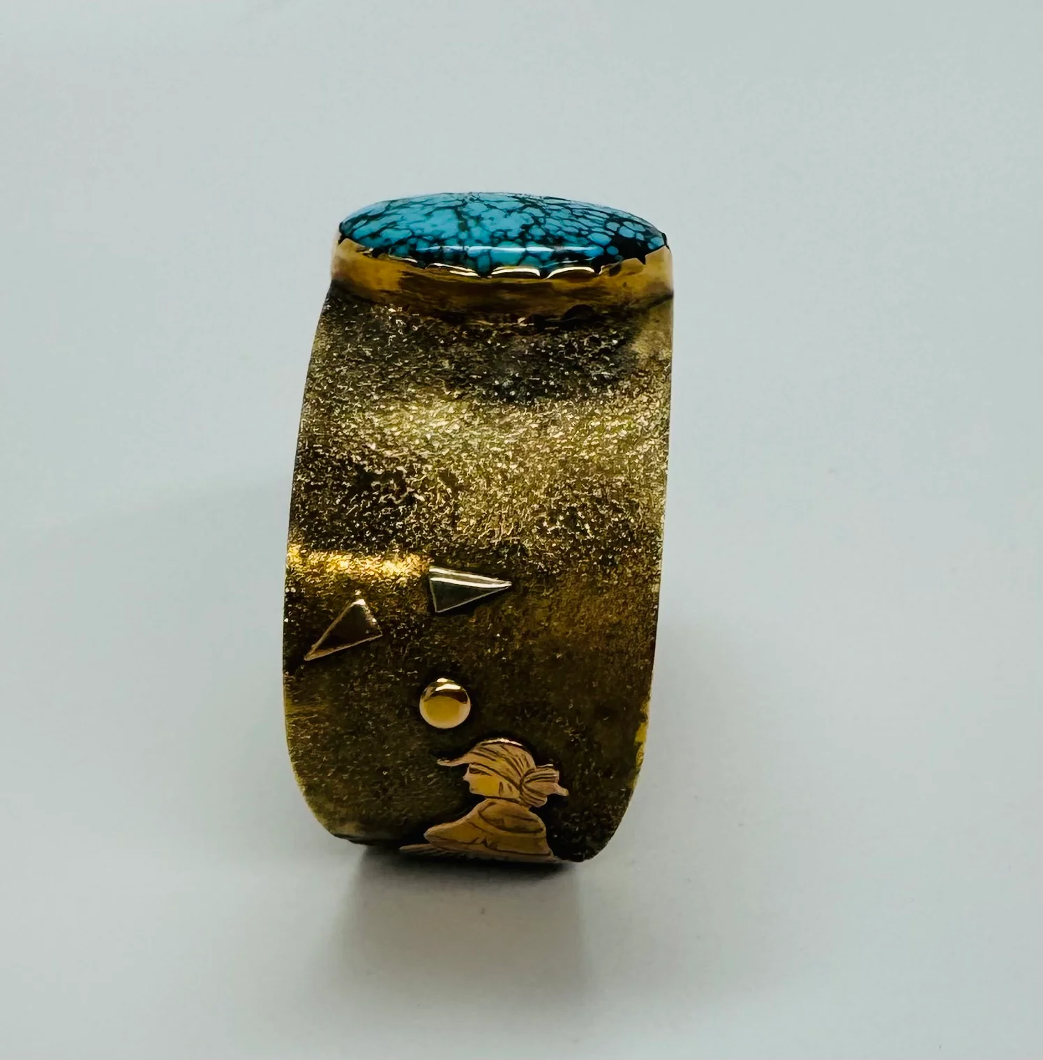 14k Gold Cuff Story Teller Bracelet with Three Turquoise Stones. - Image 3