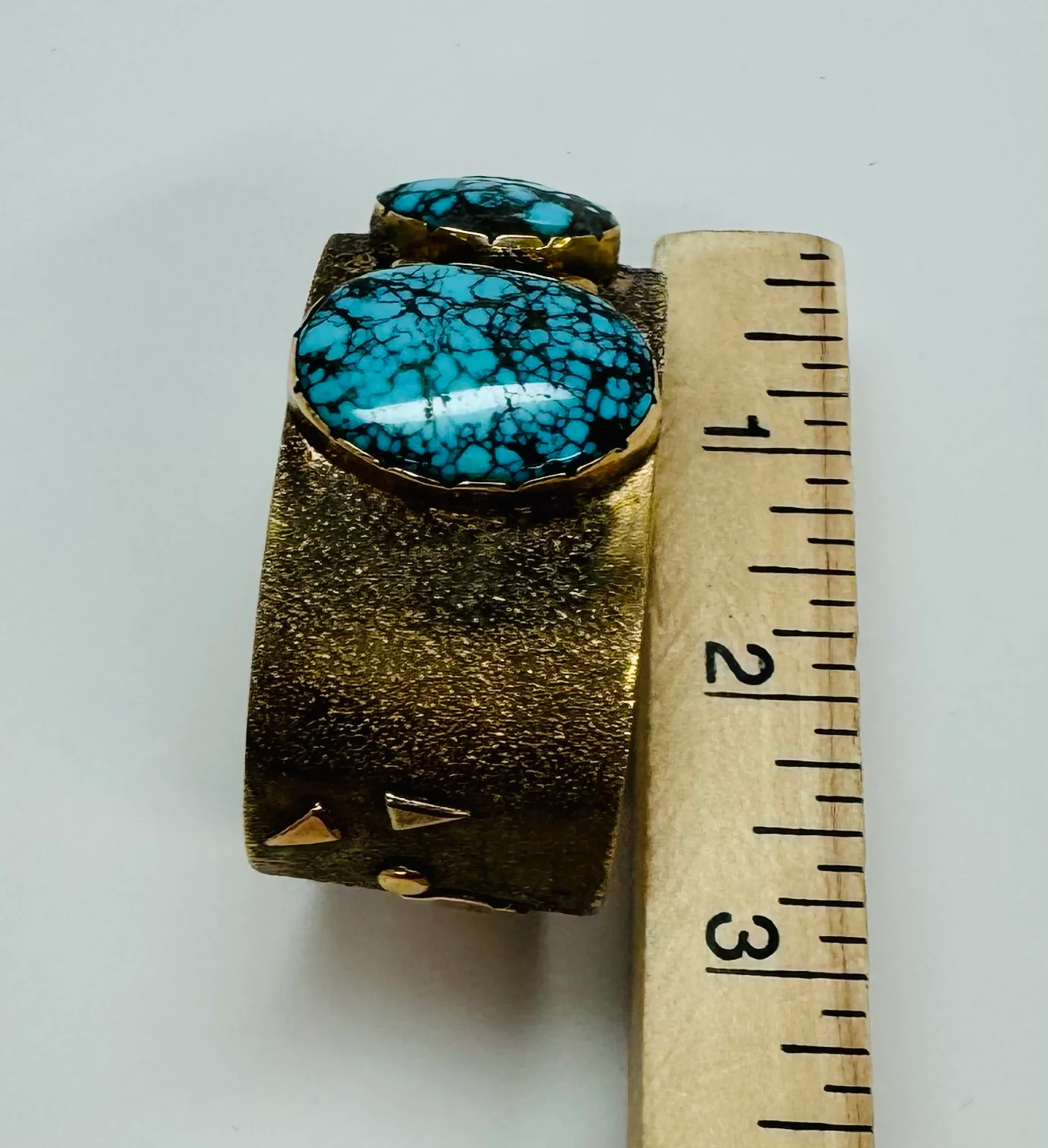 14k Gold Cuff Story Teller Bracelet with Three Turquoise Stones. - Image 4