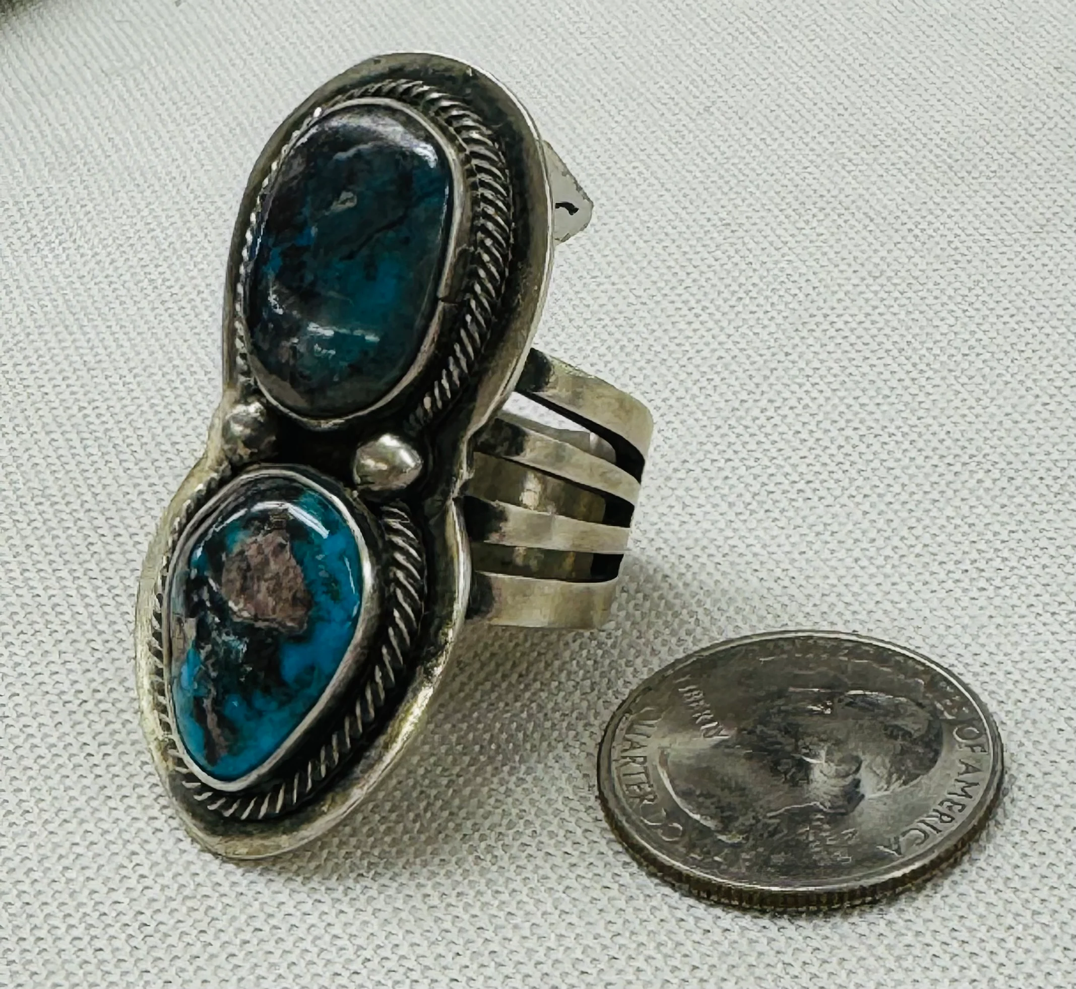 Double Turquoise Stone and Silver Ring - Image 2