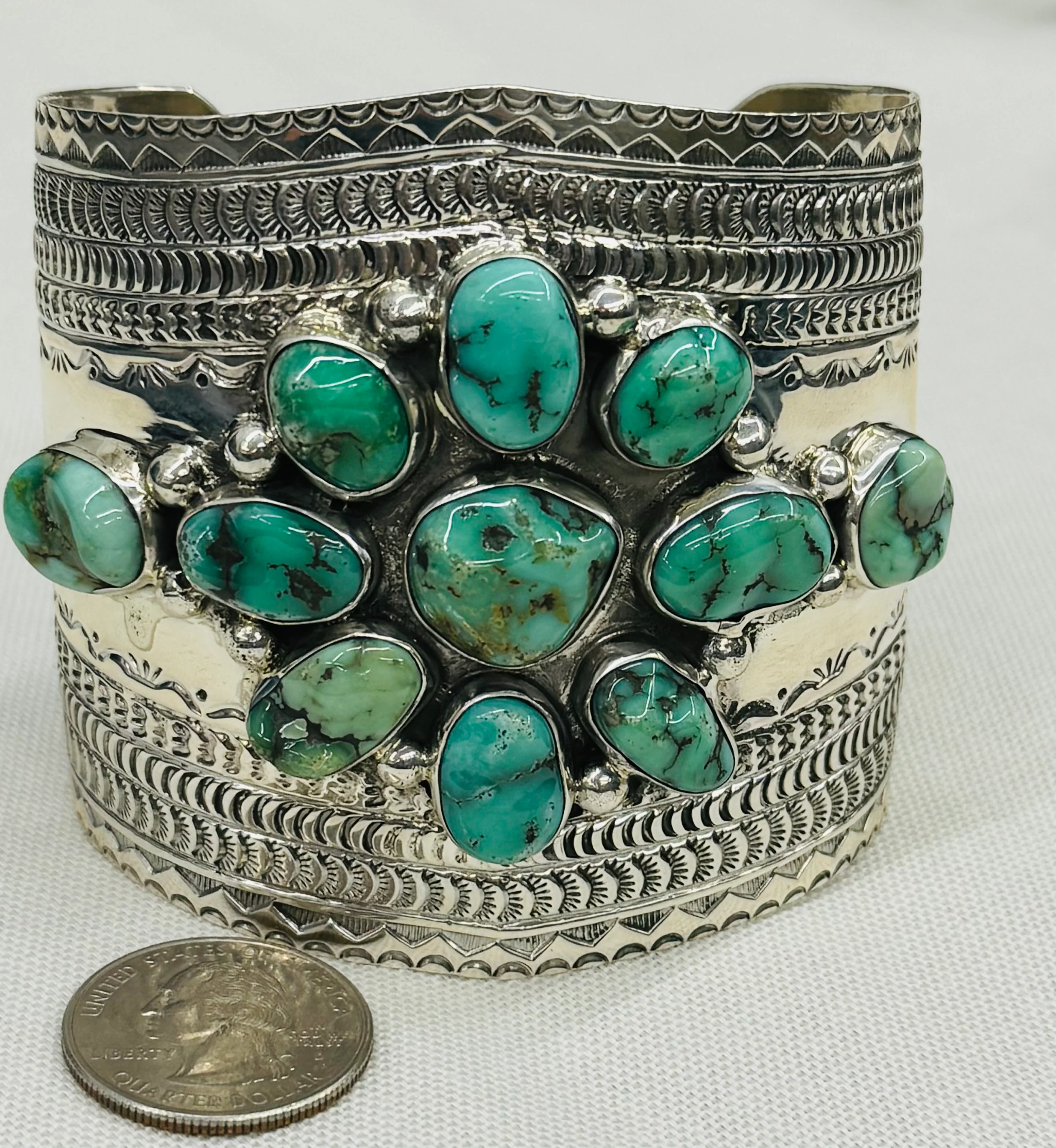Large Cuff Bracelet with Turquoise and Silver - Image 2