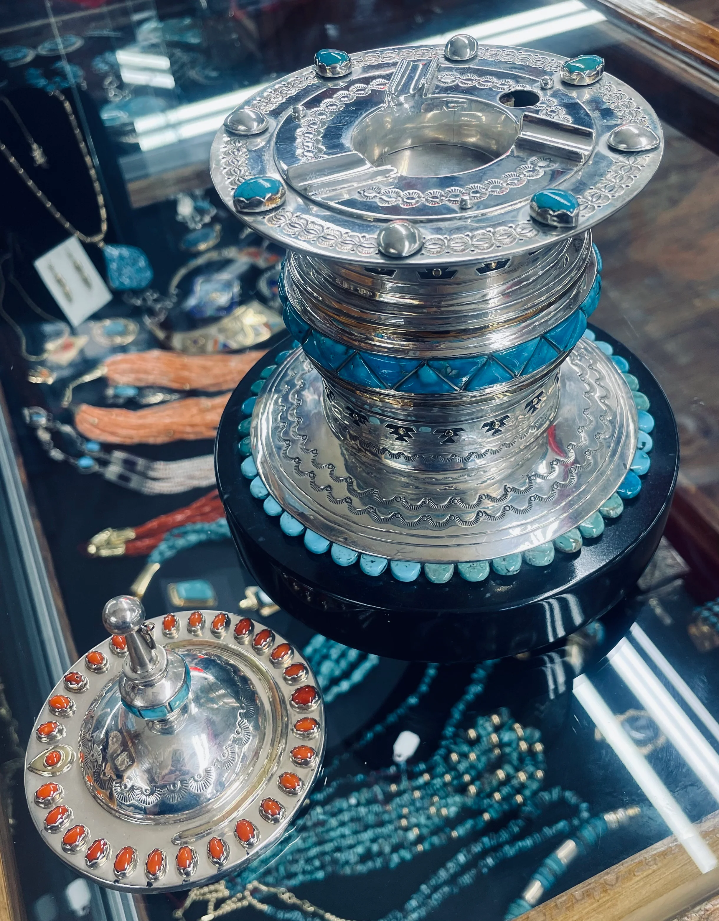 Silver Coral and Turquoise Sacred Ceremonial Tobacco Holder - Image 2