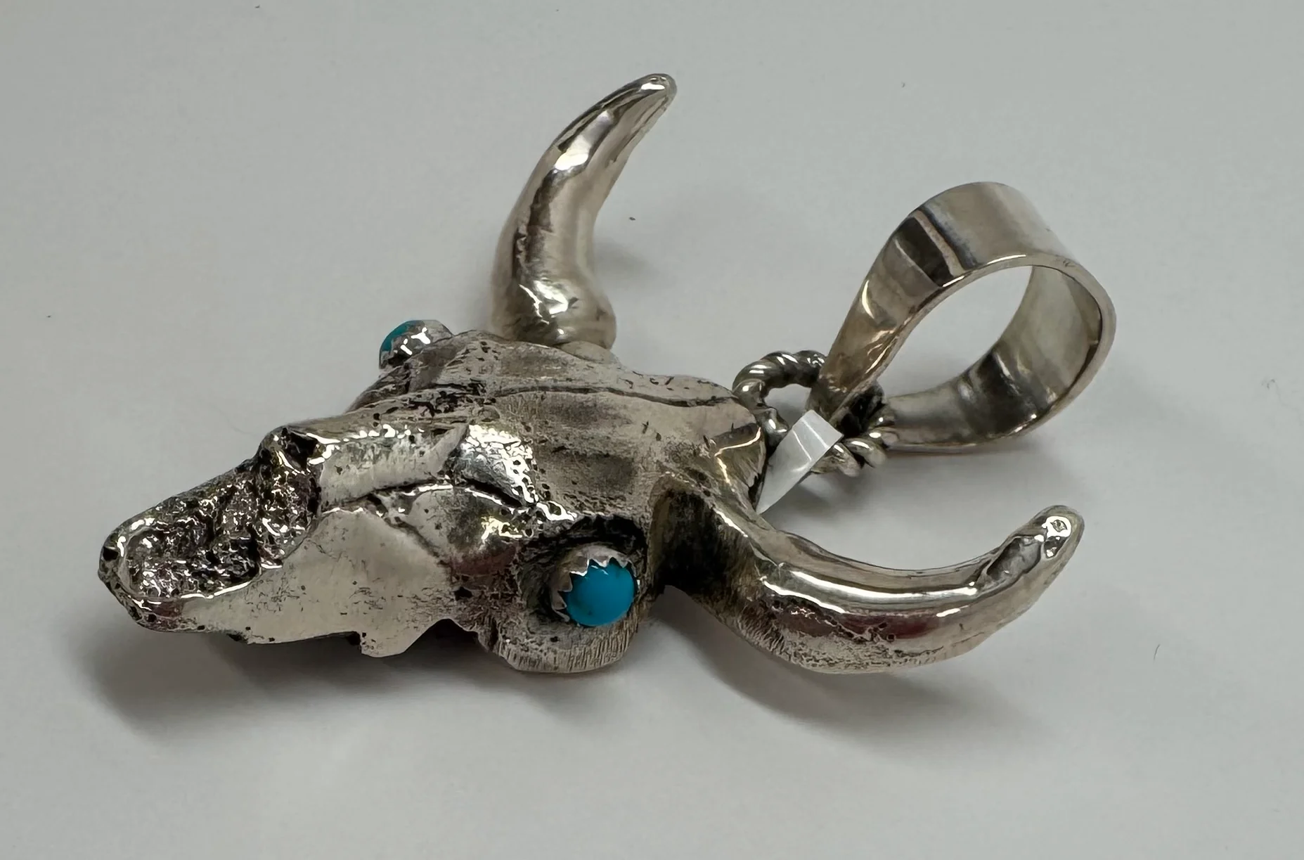 Silver Longhorn Skull with Turquoise Eyes Pendant - Image 2