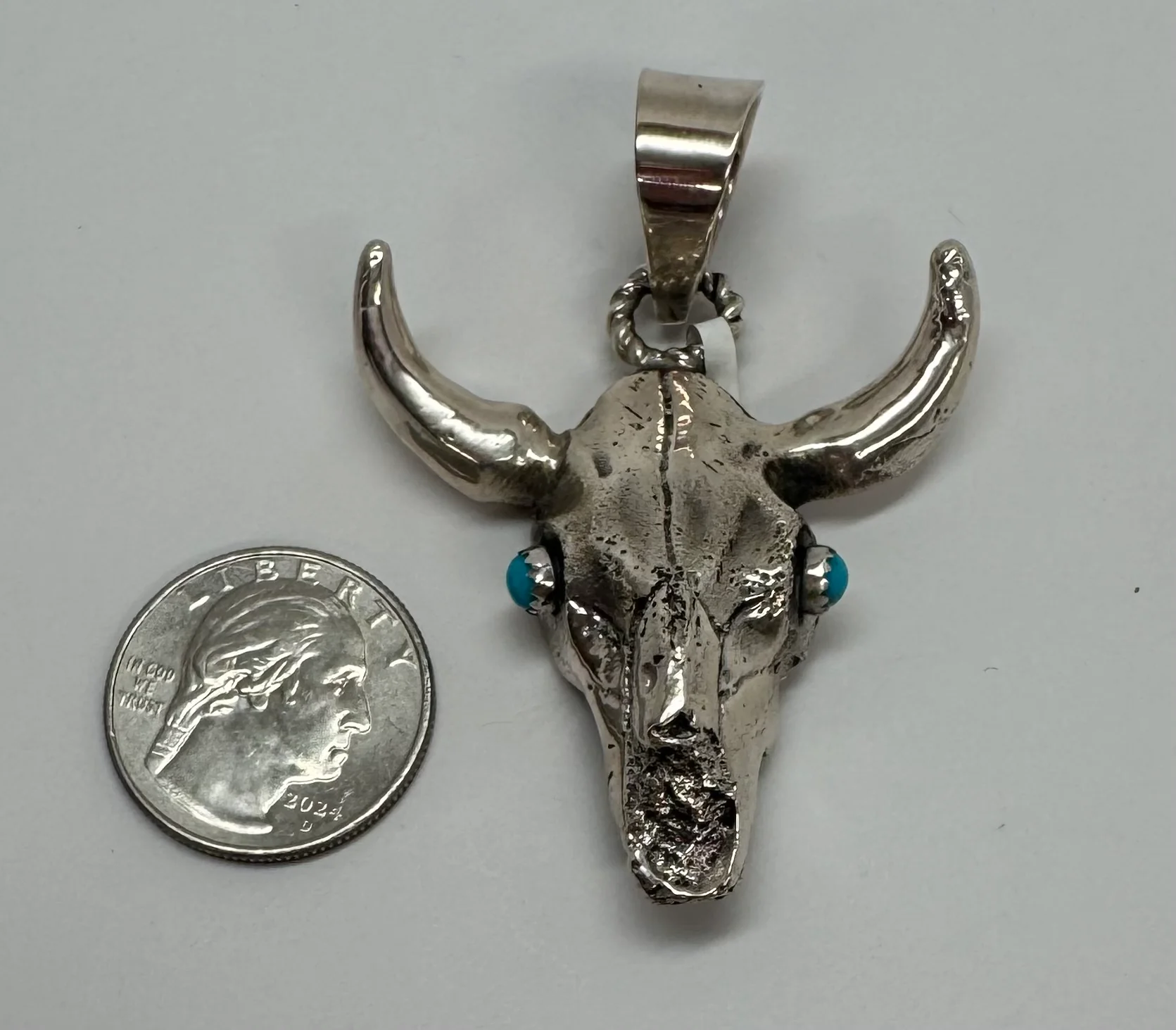 Silver Longhorn Skull with Turquoise Eyes Pendant - Image 3