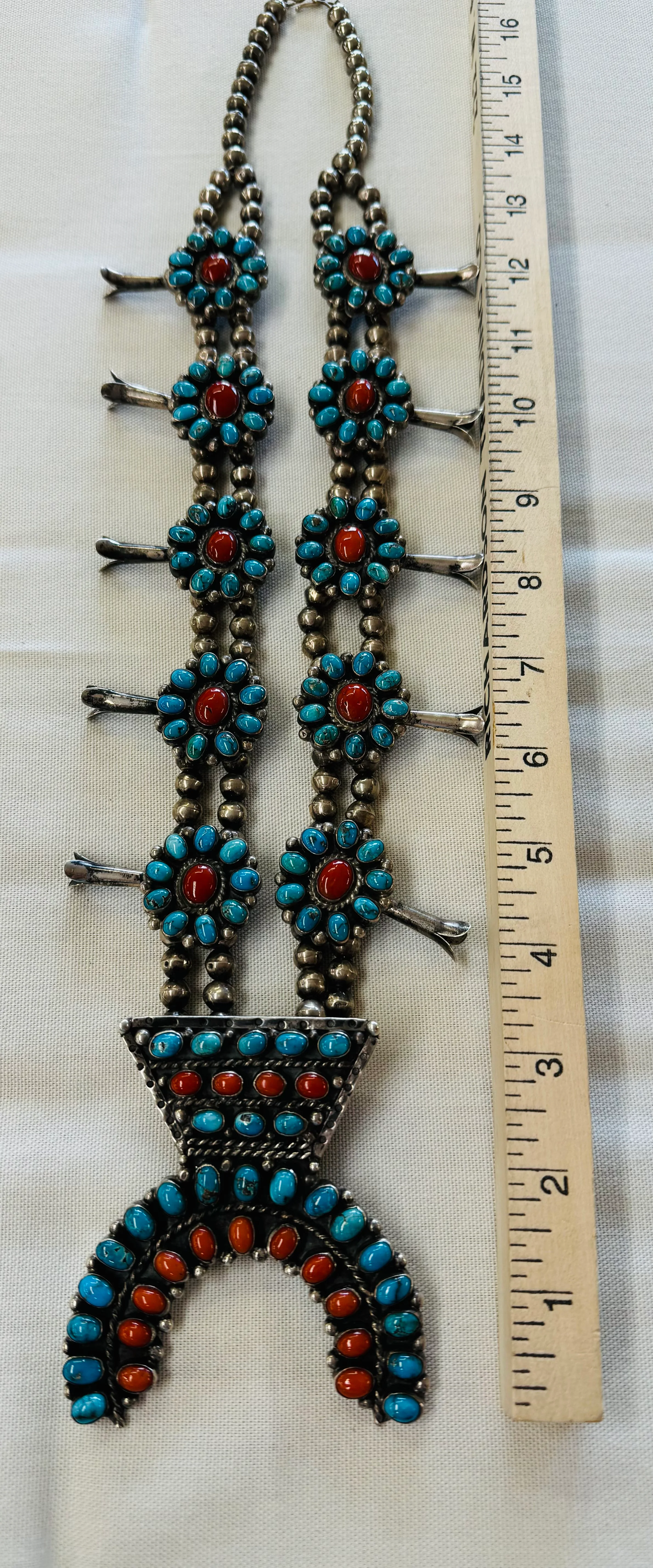 Turquoise and Coral Squash Blossom Necklace - Image 2
