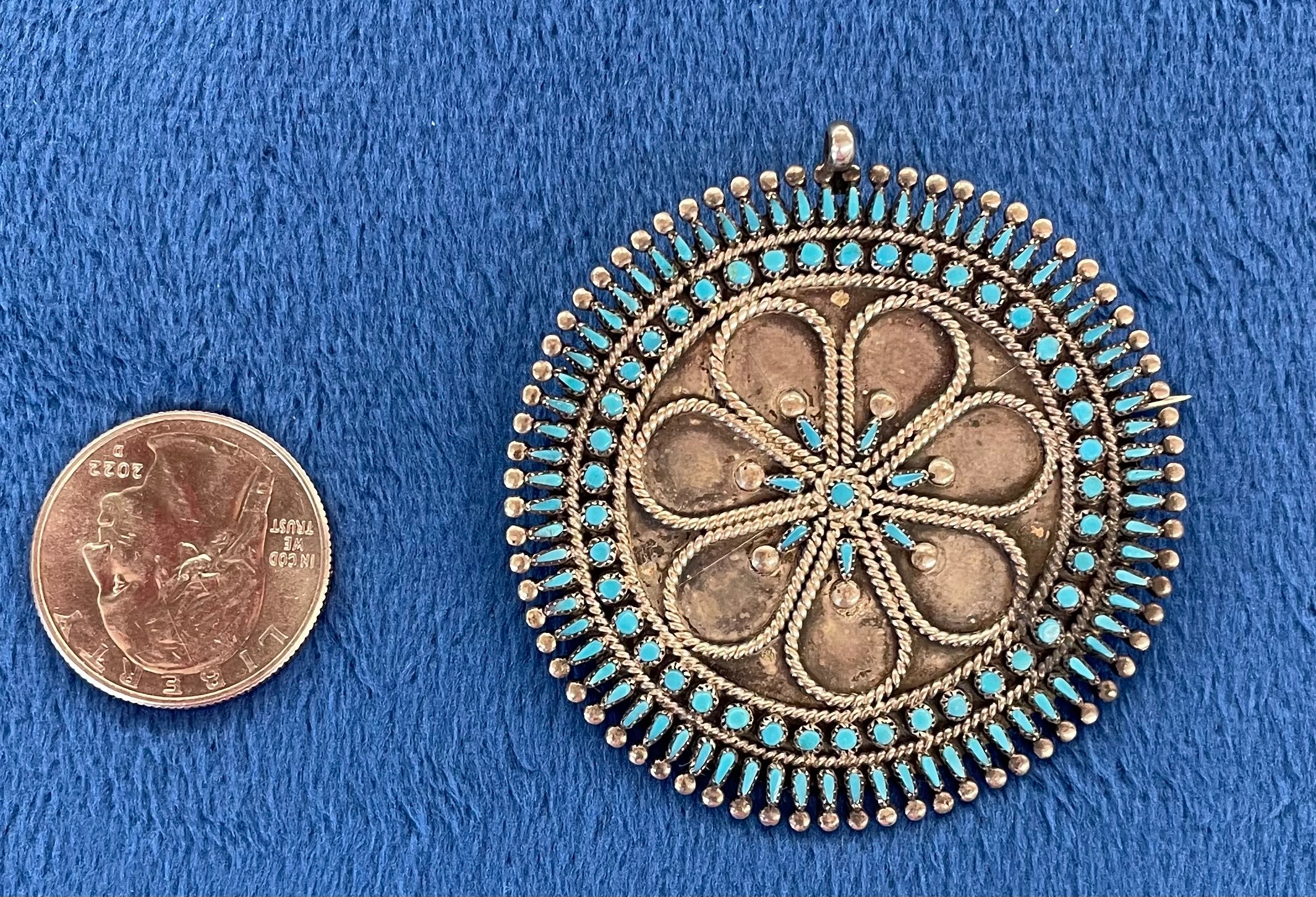 Vintage Zuni Needlepoint Silver and Turquoise Pin/Pendant - Image 2